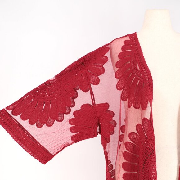NWT CHICO'S Lace Kimono Sheer Mesh Fringe Detail in Deep Cherry Red Size L/XL - Picture 7 of 10